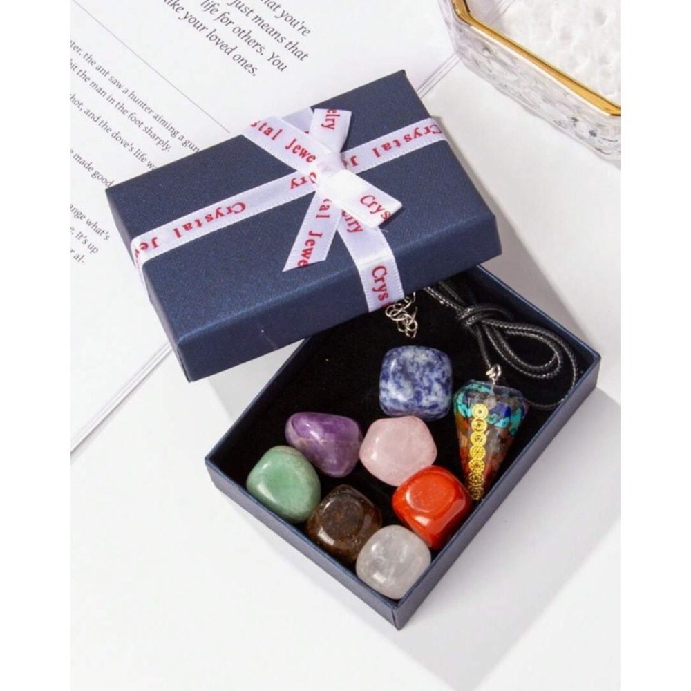 7 Chakra Crystal Healing Set Orgone Pendulum Necklace Tumbled Stones Gift‎ Box